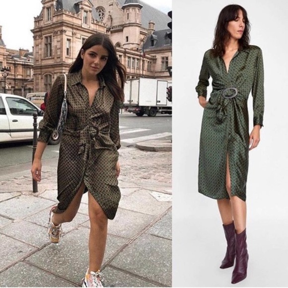 Zara Emerald Chain Print Knotted Scarf Midi Dress
